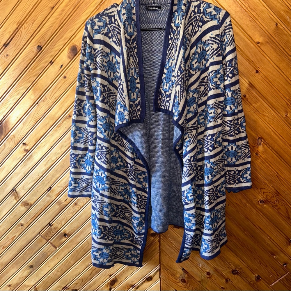 Lucky Brand Blue and White Aztec pattern cardigan w/ pockets XS